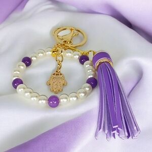 Beaded Bag Charm Key Charm Amethyst Pearl Gold Hamsa Hand Of Fatima Tassel